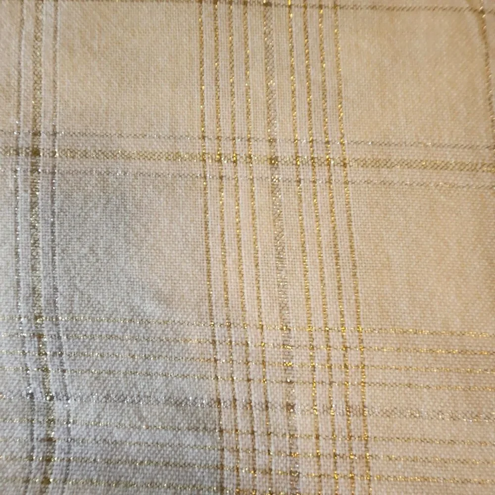 Tablecloth Cream w/ Gold Silver Metallic Thread Plaid Loose Weave 98x60 Holiday